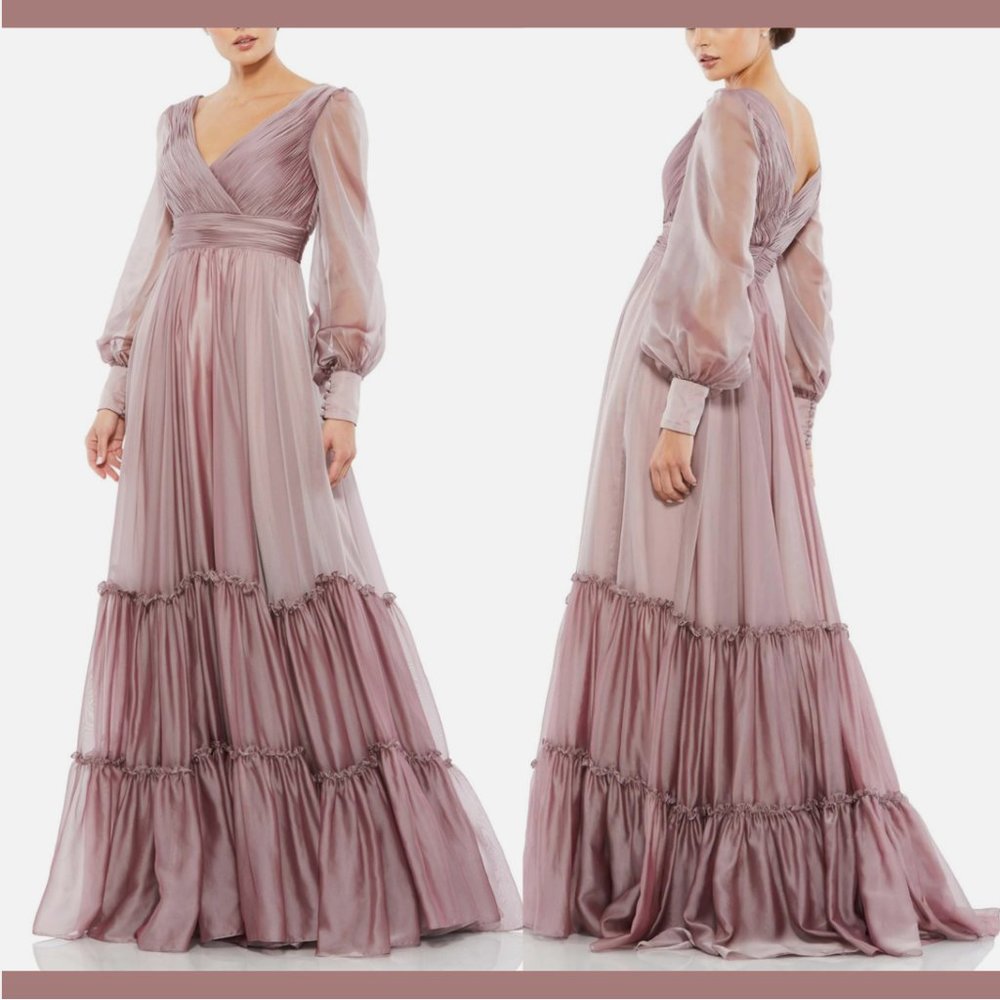 NWT $598‎ Mac Duggal [ 8 ] Faux Wrap long Sleeve Tiered Gown in Mocha Pink #Q625